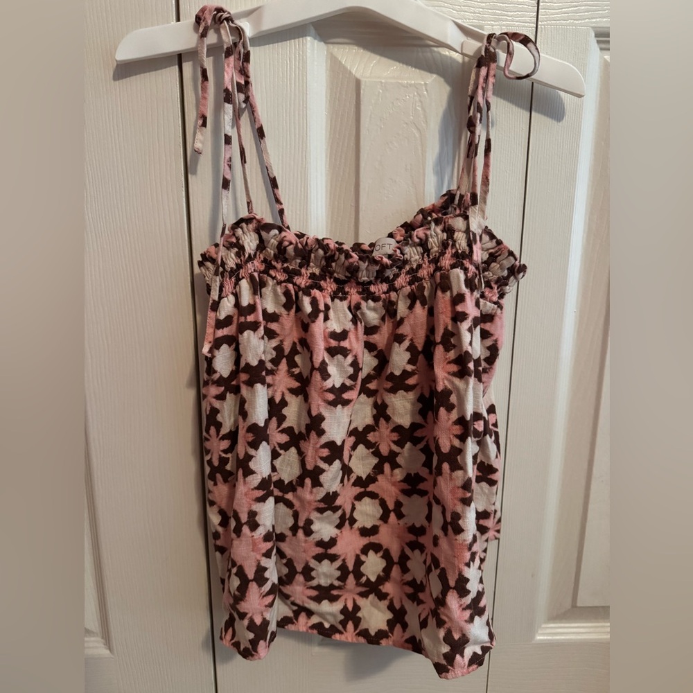 Loft Linen Blend Batik Tank Top Smocked Tie Straps